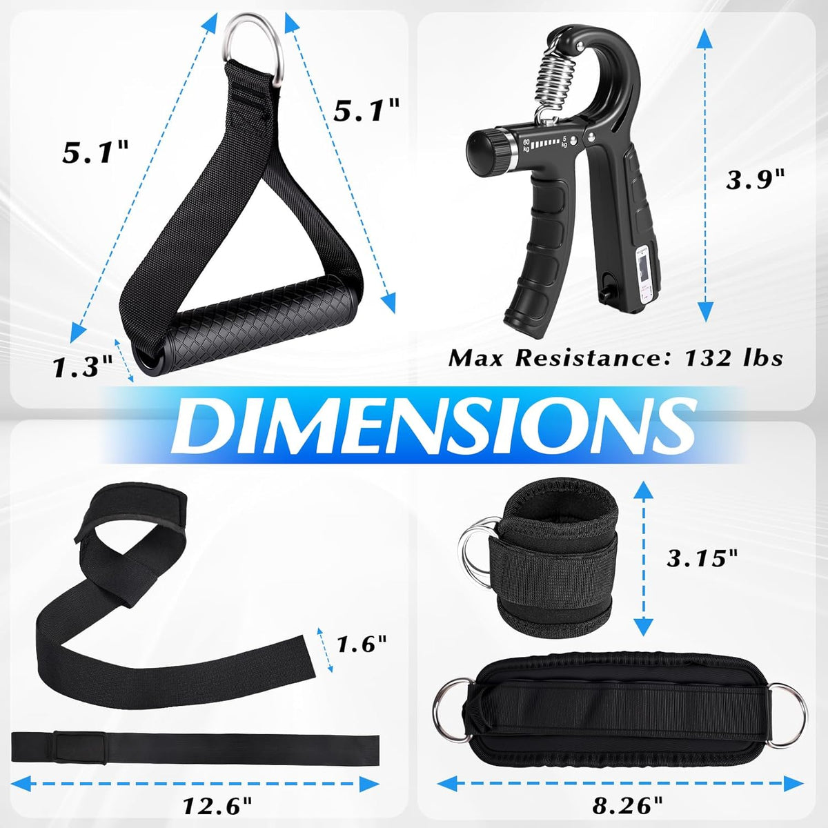 10-In-1 Cable Machine Attachments Set for Gym - Includes Tricep Rope, V-Bar, Straight Bar, D-Handle, Ankle/Wrist Straps, Storage Bag - Compatible with LAT Pulldown & Home Gym Cable Machines