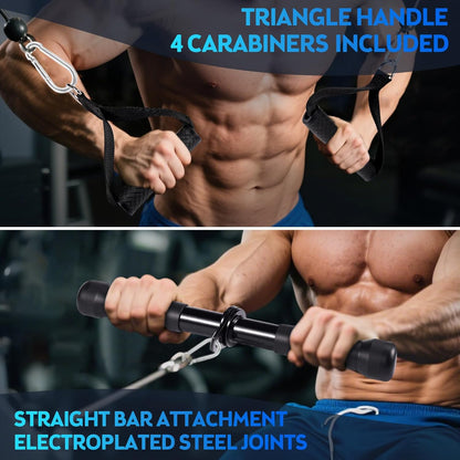 10-In-1 Cable Machine Attachments Set for Gym - Includes Tricep Rope, V-Bar, Straight Bar, D-Handle, Ankle/Wrist Straps, Storage Bag - Compatible with LAT Pulldown & Home Gym Cable Machines