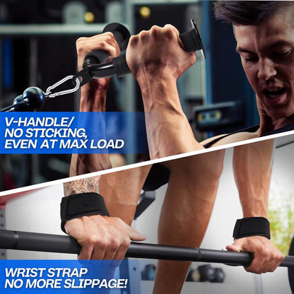 10-In-1 Cable Machine Attachments Set for Gym - Includes Tricep Rope, V-Bar, Straight Bar, D-Handle, Ankle/Wrist Straps, Storage Bag - Compatible with LAT Pulldown & Home Gym Cable Machines