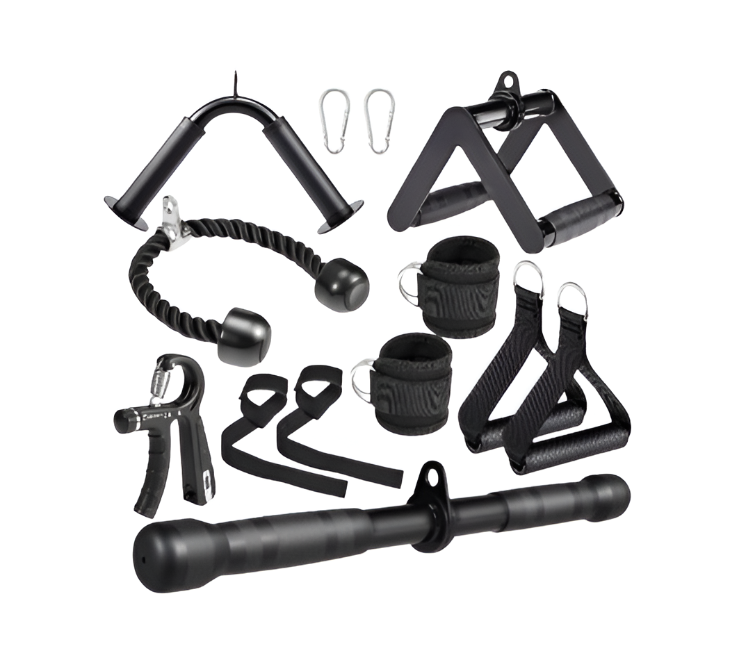 10-In-1 Cable Machine Attachments Set for Gym - Includes Tricep Rope, V-Bar, Straight Bar, D-Handle, Ankle/Wrist Straps, Storage Bag - Compatible with LAT Pulldown & Home Gym Cable Machines