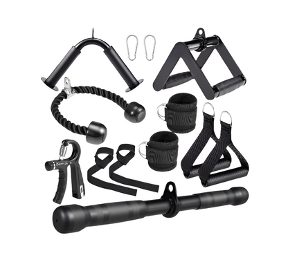 10-In-1 Cable Machine Attachments Set for Gym - Includes Tricep Rope, V-Bar, Straight Bar, D-Handle, Ankle/Wrist Straps, Storage Bag - Compatible with LAT Pulldown & Home Gym Cable Machines